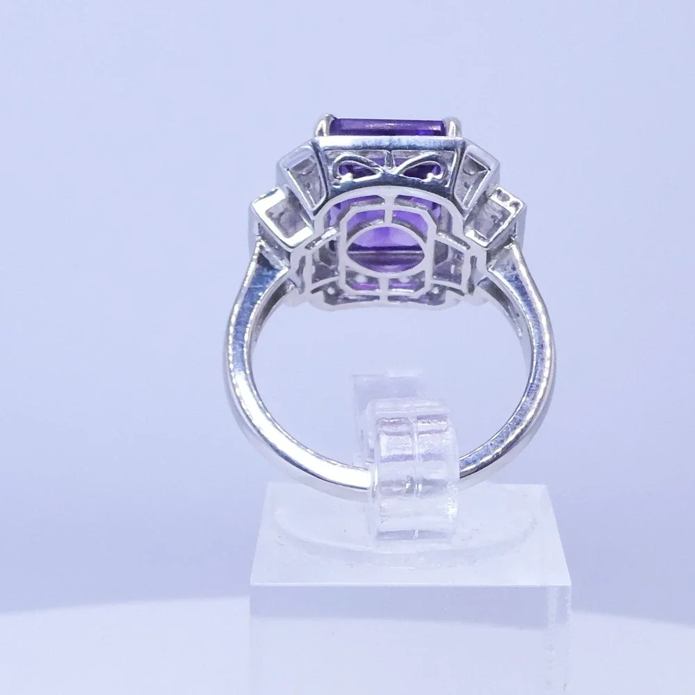D'Joy Platinum Over 925 Silver Purple Amethyst Zircon Deco Halo Ring 7